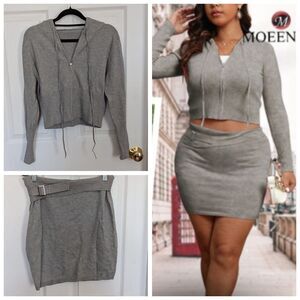 Two Piece Gray Size Large Zip Hoodie Sweater Skirt Set Cozy Chic KPop Clean Girl